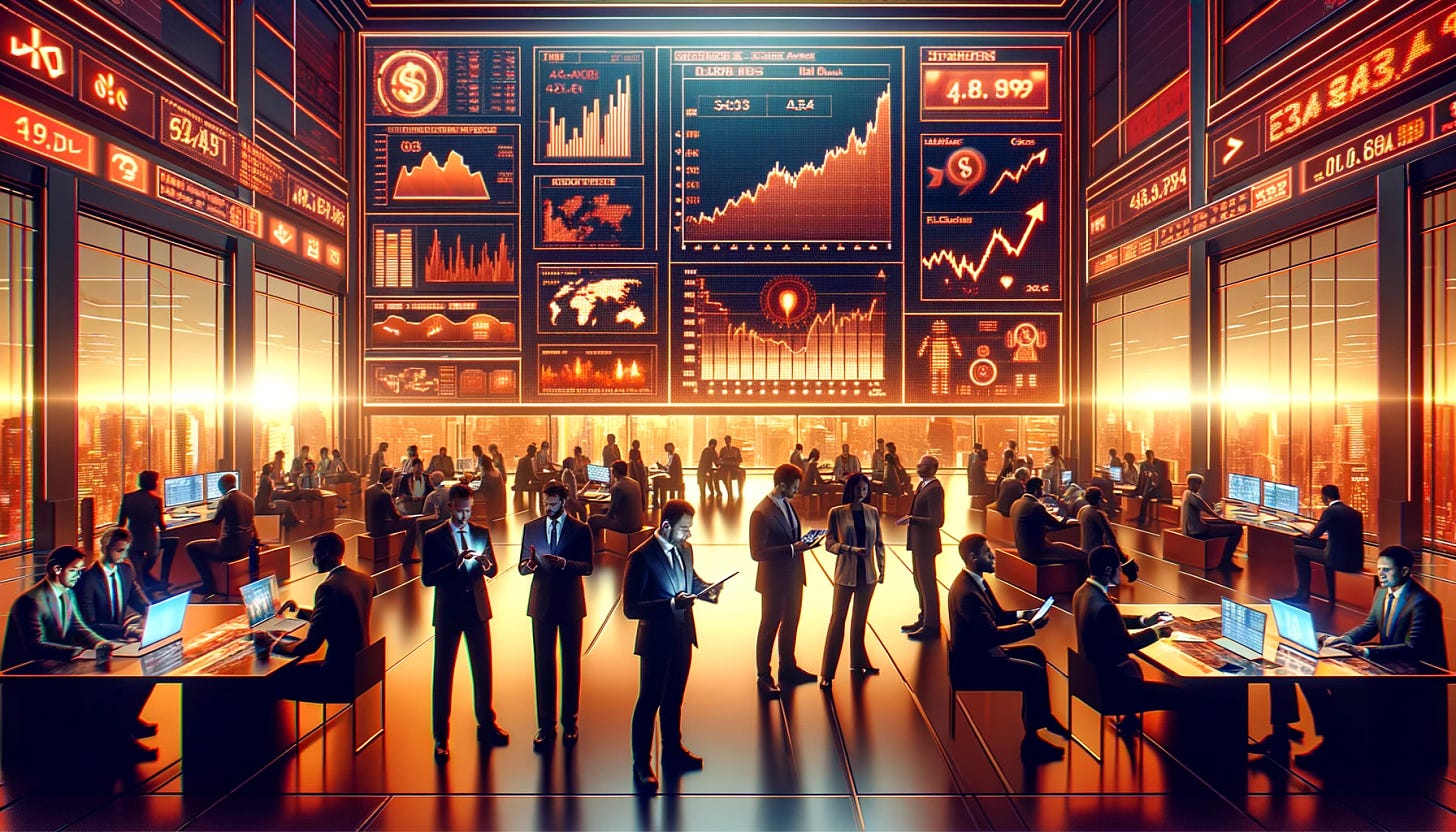 A wide, horizontal futuristic stock market scene with a warm color scheme dominated by red and orange tones, set in 2023. The scene is filled with diverse investors, including men and women of Caucasian, Hispanic, Black, and Asian descent, engaged in stock discussions. They are wearing business attire and using tablets and smartphones. A large digital board displays various tech and energy company logos. The background features a digital screen with rising stock graphs and charts. The setting is modern with a cityscape visible through large windows, bathed in a warm, reddish-orange light.