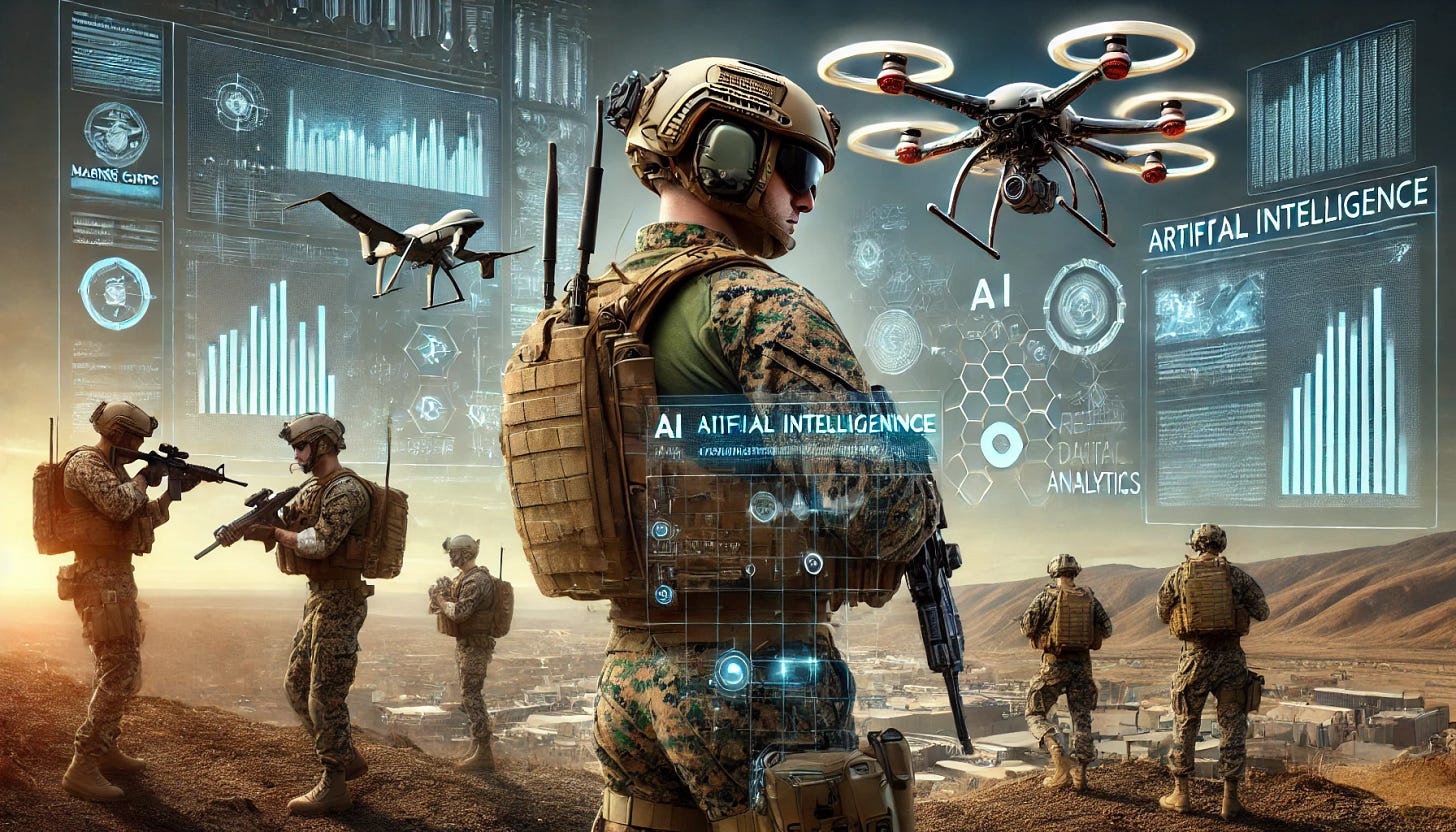 A visually compelling digital illustration depicting the integration of artificial intelligence with Marine Corps infantry operations. The image should show futuristic Marines equipped with advanced AI-assisted helmets, drones flying above providing tactical support, and a command center in the background displaying real-time data analytics. The Marines' uniforms should not have cuffed sleeves, adhering to standard military uniform regulations. The setting is a rugged, outdoor environment with a mix of modern military technology and traditional combat gear. The tone is professional and inspiring, emphasizing innovation and teamwork. A visually compelling digital illustration depicting the integration of artificial intelligence with Marine Corps infantry operations. The image should show futuristic Marines equipped with advanced AI-assisted helmets, drones flying above providing tactical support, and a command center in the background displaying real-time data analytics. The Marines' uniforms should not have cuffed sleeves, adhering to standard military uniform regulations. The setting is a rugged, outdoor environment with a mix of modern military technology and traditional combat gear. The tone is professional and inspiring, emphasizing innovation and teamwork.
