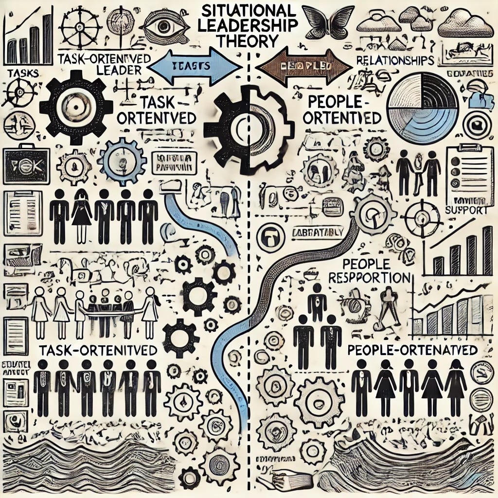 A detailed hand-drawn illustration of situational leadership theory, focusing on clear visual contrast between task-oriented and people-oriented leadership styles. On one side, a task-oriented leader is depicted organizing tasks, using symbols like gears, documents, and flowcharts to represent structure and organization. On the opposite side, a people-oriented leader is shown fostering relationships, with symbols of conversation, mutual support, and teamwork. The center of the drawing bridges these two approaches, blending them together to symbolize adaptability and the ability to adjust leadership style based on the situation. The style is clear, educational, and uses modern line art with easily recognizable symbols.