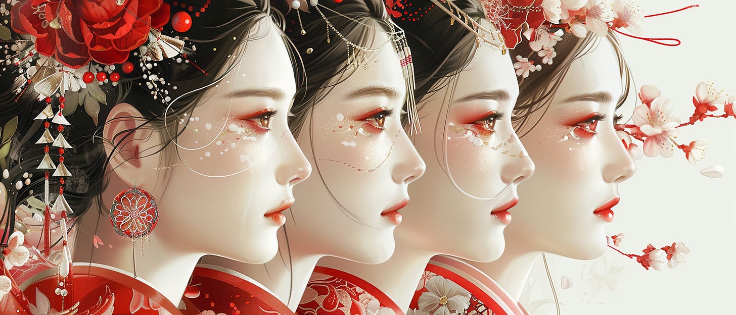 Hyper-realistic digital artwork of three Asian women's faces in profile, intricately detailed with elements of traditional Japanese adornments like kimonos and floral decorations in red and white, blending into an ethereal background.