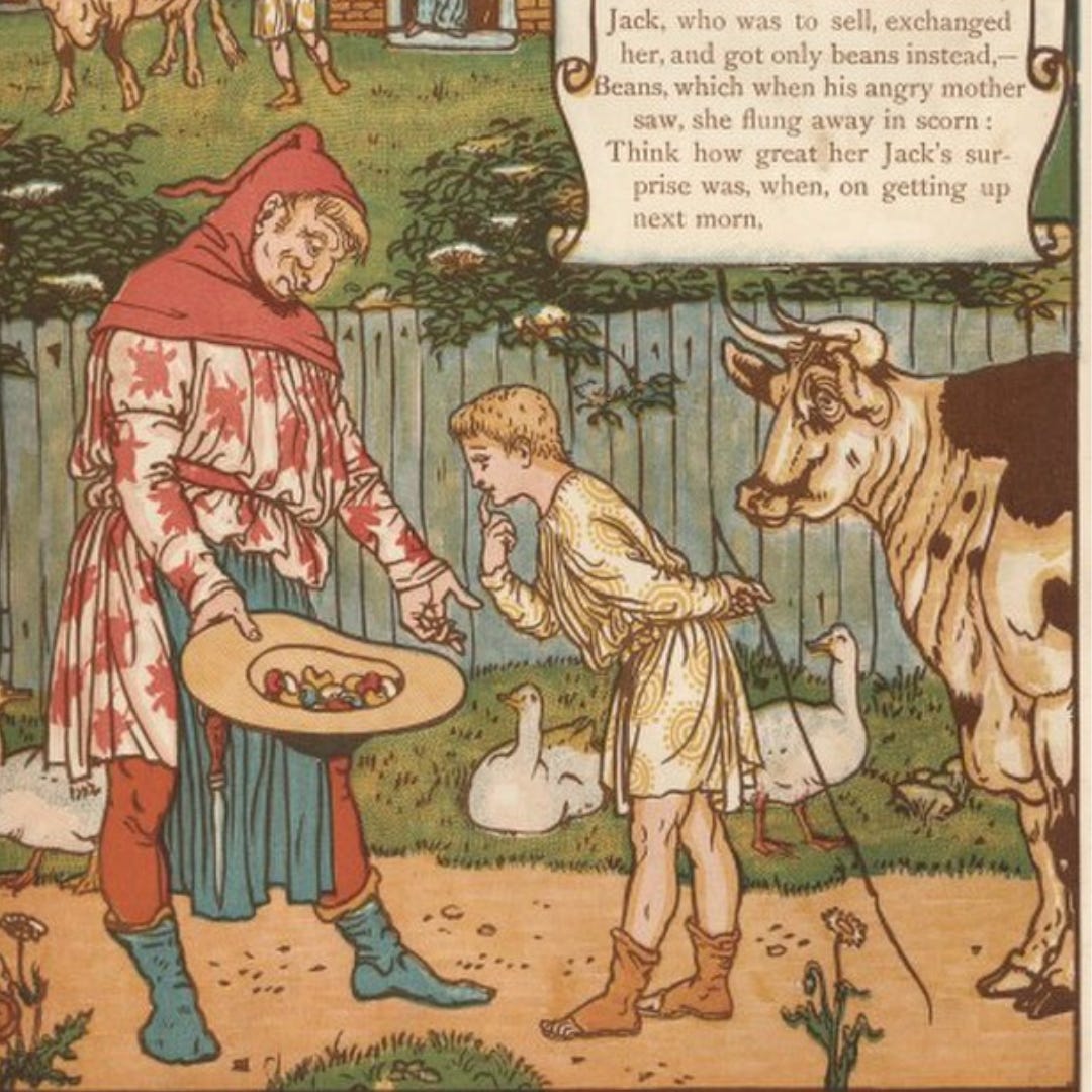A vintage illustration of the story 'Jack and the Beanstalk,' showing a young Jack trading his cow with an old man for a handful of colorful magic beans. Farm animals and a wooden fence in the background add to the rural charm. A vintage illustration of the story 'Jack and the Beanstalk,' showing a young Jack trading his cow with an old man for a handful of colorful magic beans. Farm animals and a wooden fence in the background add to the rural charm.