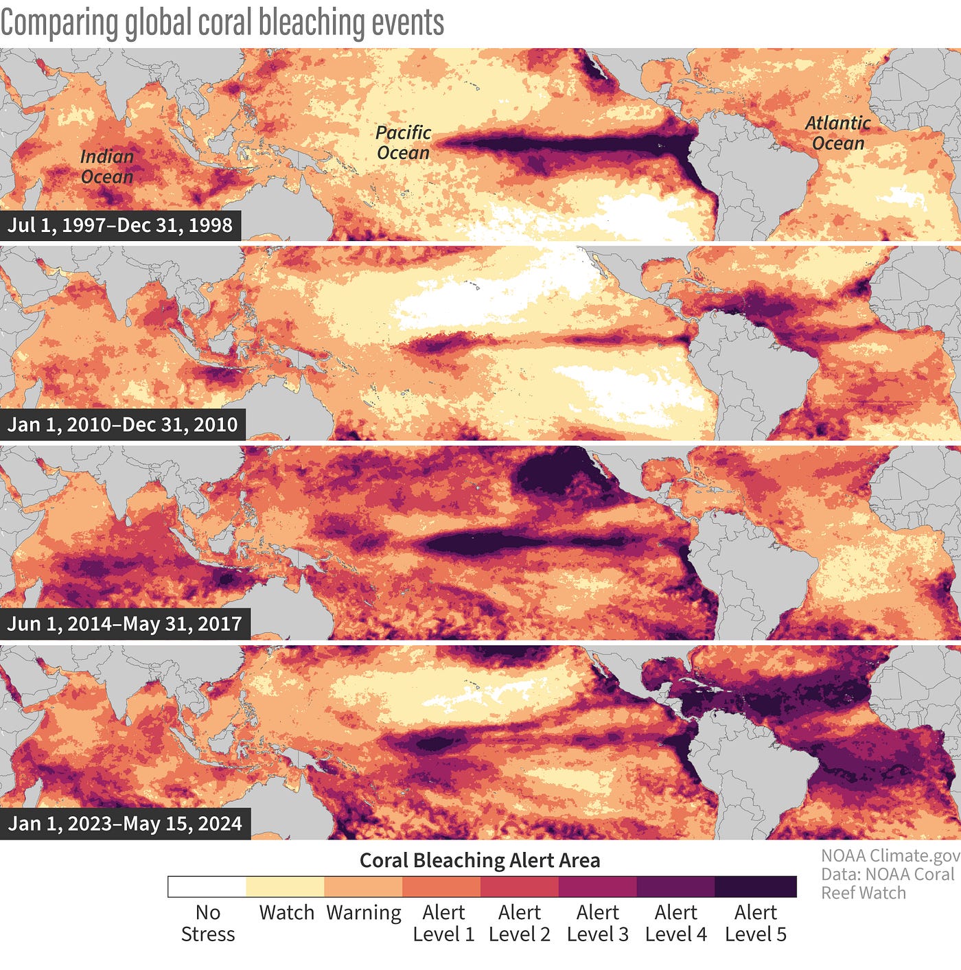 Four maps of the world’s oceans, seeing each one getting more red (warmer)