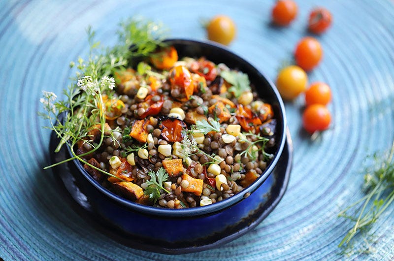  Lentil Salad with Roasted Cherry Tomatoes, Roasted Butternut Squash, and Simple Citrus Dressing, Cook the Vineyard