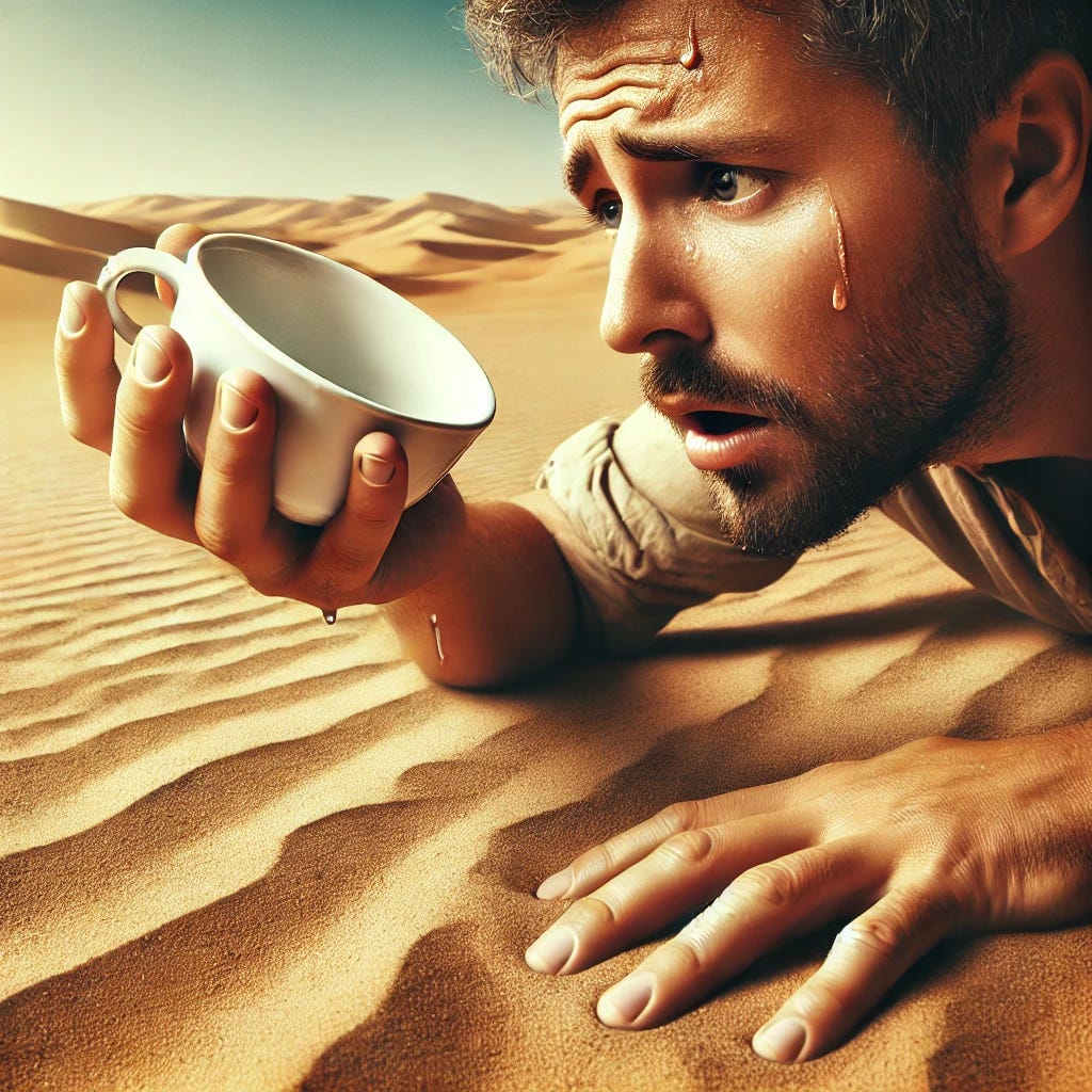 A thirsty Caucasian man in a desert, holding a cup with only one drop of water left. His face shows desperation and exhaustion as he carefully tilts the cup, hoping for that last drop to fall. The surrounding desert is vast, dry, and sun-scorched, emphasizing his struggle and need for water. The scene symbolizes creative burnout and the search for inspiration.