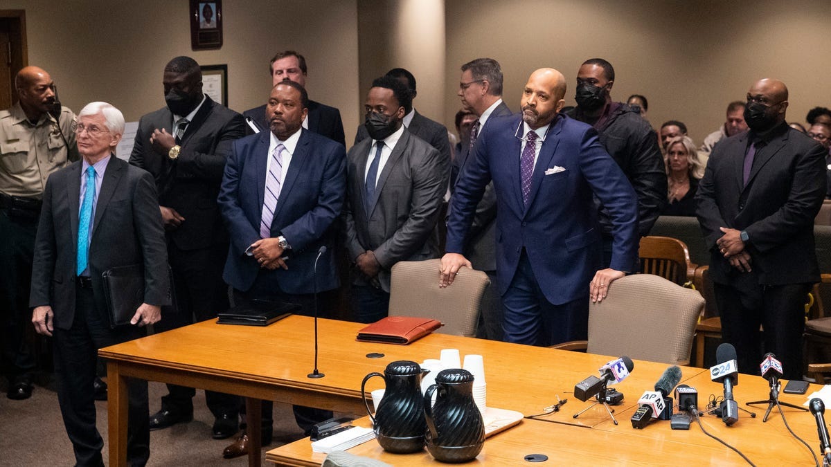 The five former Memphis police officers charged for their involvement in the beating of Tyre Nichols stand in court with their legal representation as they plead not guilty at the Shelby County Criminal Justice Center in Memphis, on Friday, February 17, 2023.