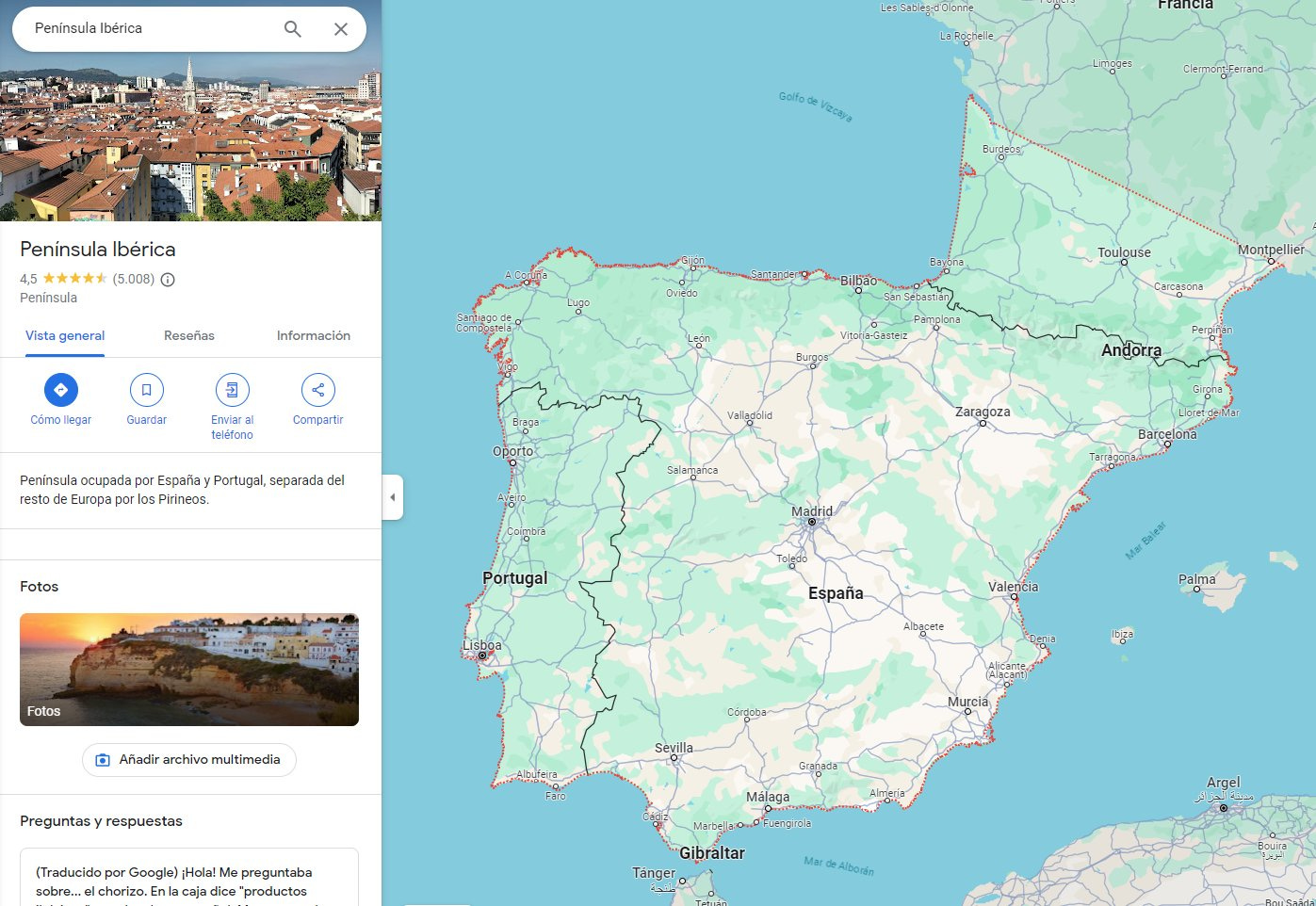 Imagen de Google Maps mostrando la Península Ibérica, lo cual incluye España, Portugal, Gibraltar, Andorra... y además parte del sur de Franca (de Monpellier a Budeos).