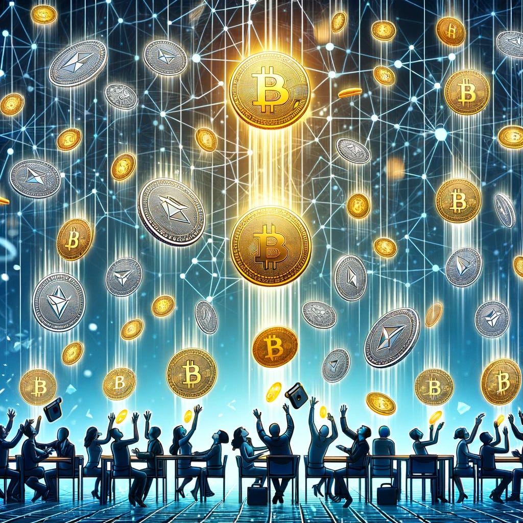 A visual representation of cryptocurrency airdrops. The image shows digital coins falling from the sky like raindrops, landing into a diverse group of people's digital wallets, symbolizing the distribution of free tokens to a wide array of cryptocurrency users. The background is filled with a network of interconnected nodes, representing the blockchain technology. Include a diverse group of people, each with a different style of digital wallet, catching the airdrops.