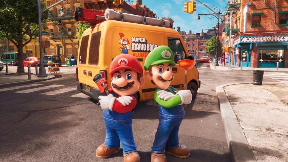 Mario and Luigi standing back to back in front of a van