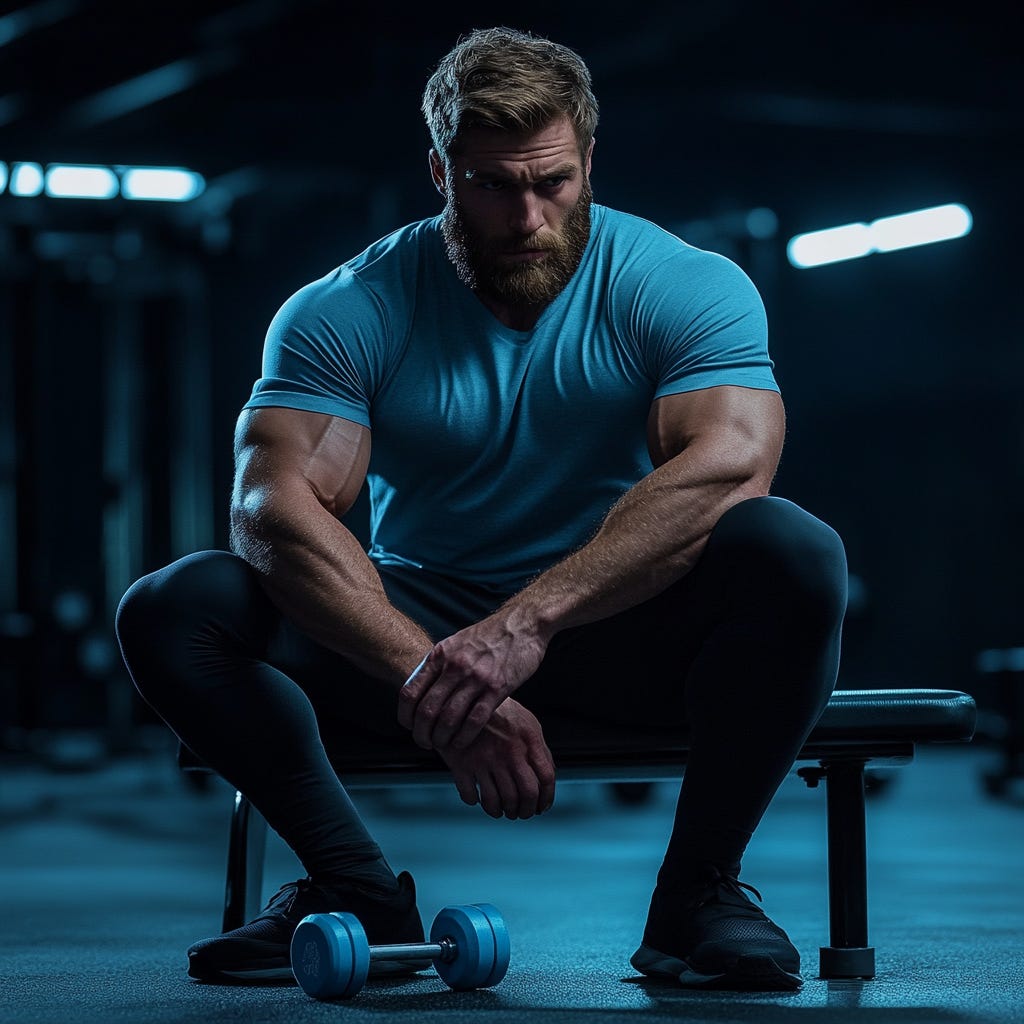 Muscular, bearded man wearing light blue t-shirt resting between sets with a small dumbbell in front of him in a dark gym with some light blue fluorescent lighting.