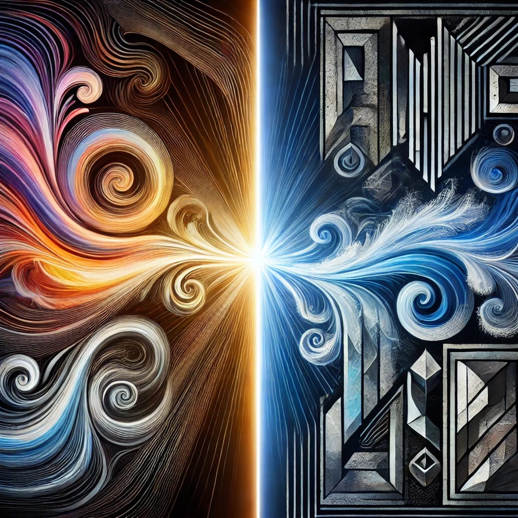 A symbolic representation of the divide between intuition and logic. On one side, a swirling, abstract, colorful pattern represents intuition, with flowing shapes and curves, evoking a sense of creativity and emotion. On the opposite side, sharp, geometric patterns in cool, calculated tones like blue and gray represent logic and reasoning, with lines, angles, and precise symmetry. In the middle, a clear dividing line or a glowing rift suggests a boundary or separation between these two contrasting forces, yet both sides seem to influence and slightly blend into each other at the edges.