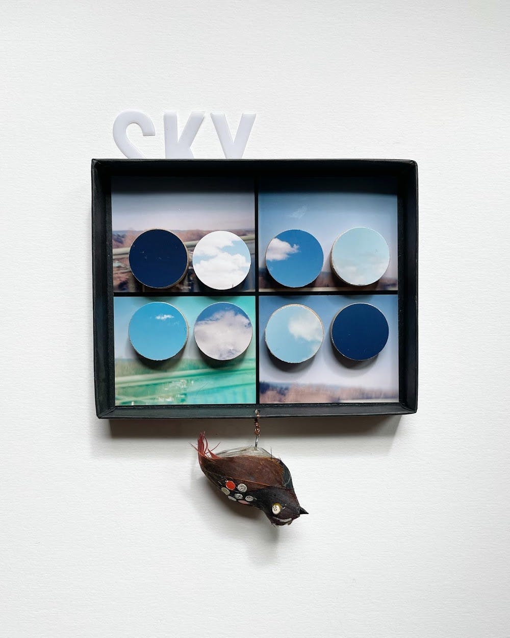 Mixed media collage; a black box for photos holds a snapshot with 4 landscape views, overlaid by 8 views of the sky. Plastic letters spelling sky are affixed to the top of the box, and a plastic bird with collaged circles hangs upside down from the bottom of the box with copper wire.