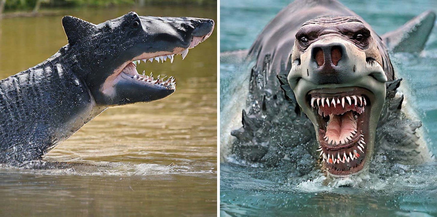 simulated photos of a shark-bear-gator