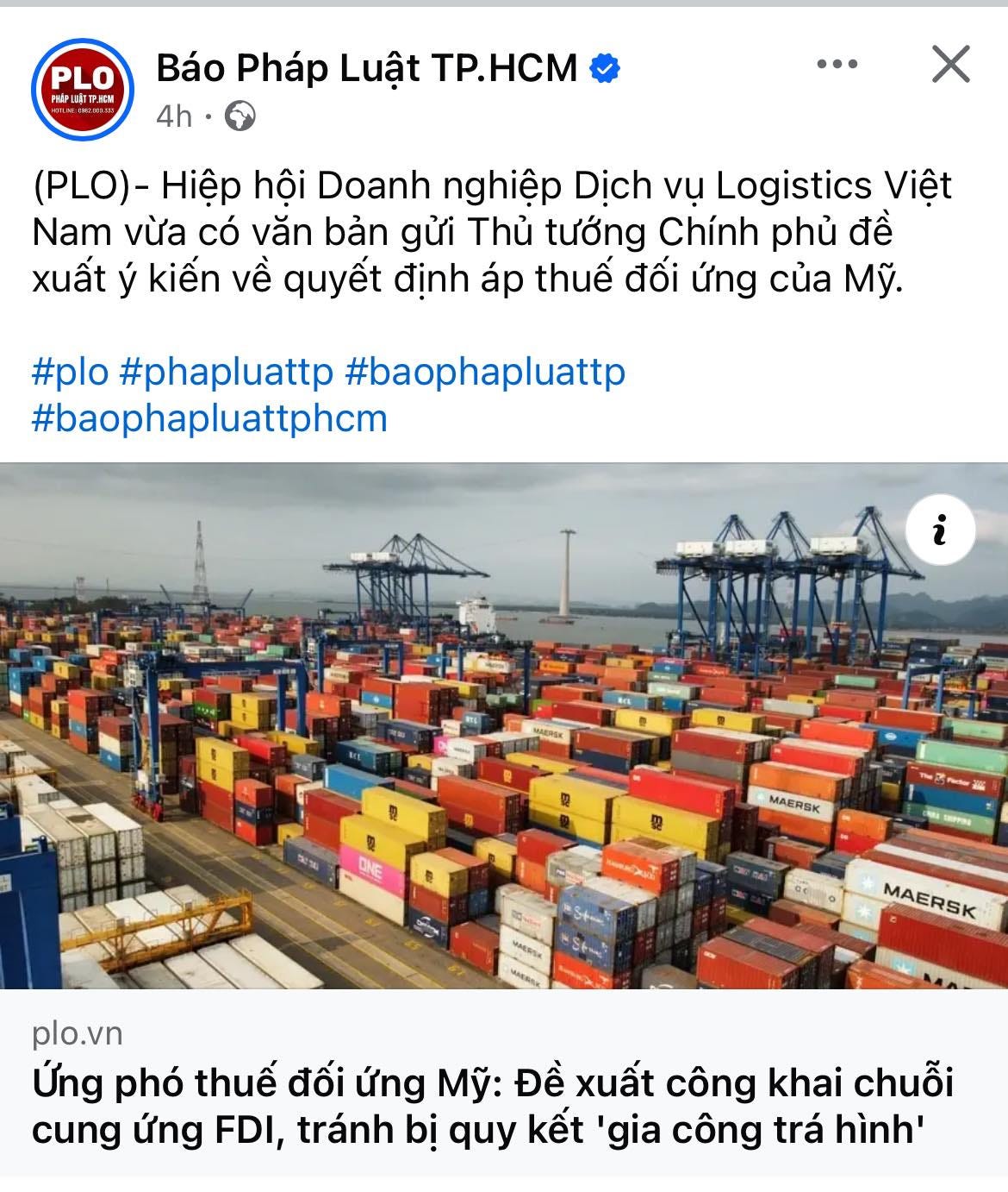 May be an image of text that says "PLO หลัอนลนทตนะค Báo Pháp Luật TP.HCM 4h (PLO)- Hiệp hôi Doanh nghiệp Dịch vụ Logistics Việt Nam vừa có văn bản gửi Thủ tướng Chính phủ đề xuất ý kiến về quyết định áp thuế đối ứng của Mỹ. #plo #phapluattp #baophapluattp #baophapluattphcm AAA i MAAERSH MAERSK SIPYSA MAERSK plo.vn Ứng phó thuế đối ứng Mỹ: Đề xuất công khai chuỗi cung ứng FDI, tránh bị Aиy kết 'gia công trá hình'"
