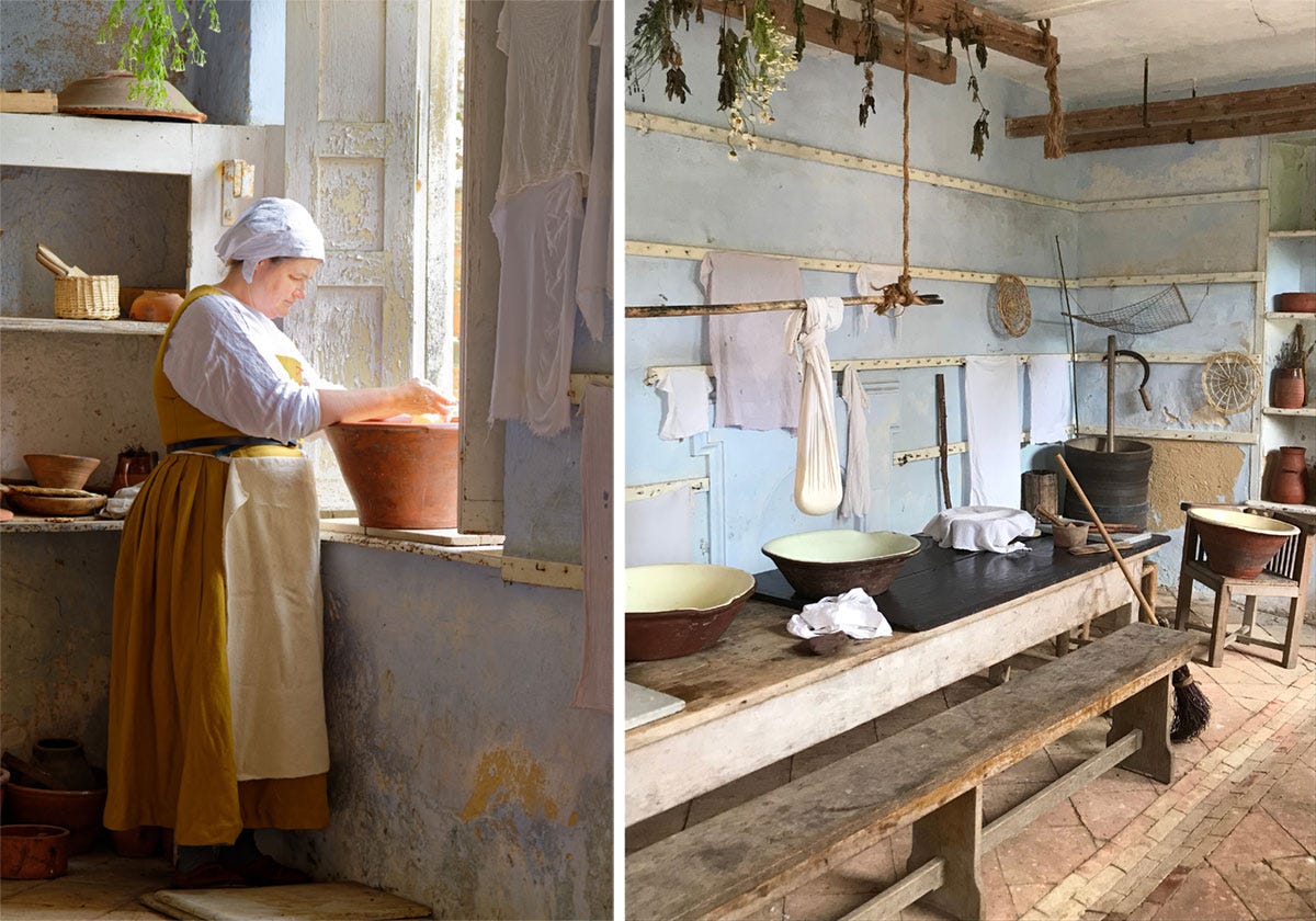 A composite image o a woman dressed in Tudor clothes standing at a window, and an image of a Tudor style kitchen A composite image o a woman dressed in Tudor clothes standing at a window, and an image of a Tudor style kitchen