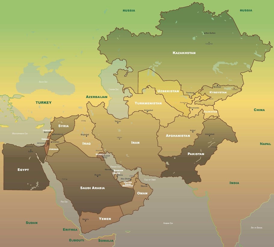 Map of the U.S. Central Command area of responsibility