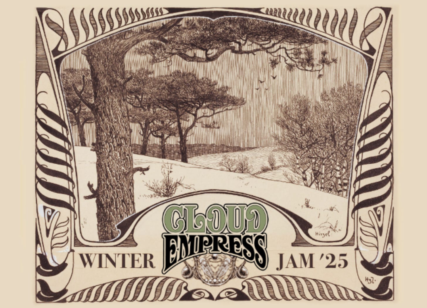 Cloud Empress Winter Jam ’25. A fin-de-siecle style border art surrounds an old book illustration of a field in winter.