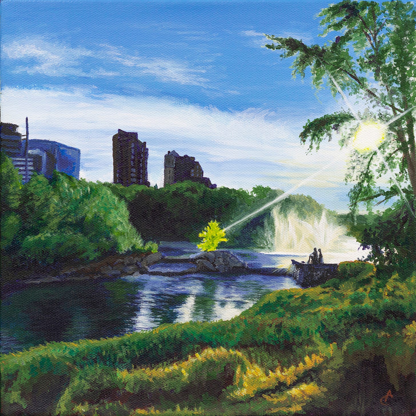 Painting of the fountain at Prince's Island Park. The sun shines through the leaves and two figures can be seen seated close together at the water's edge.