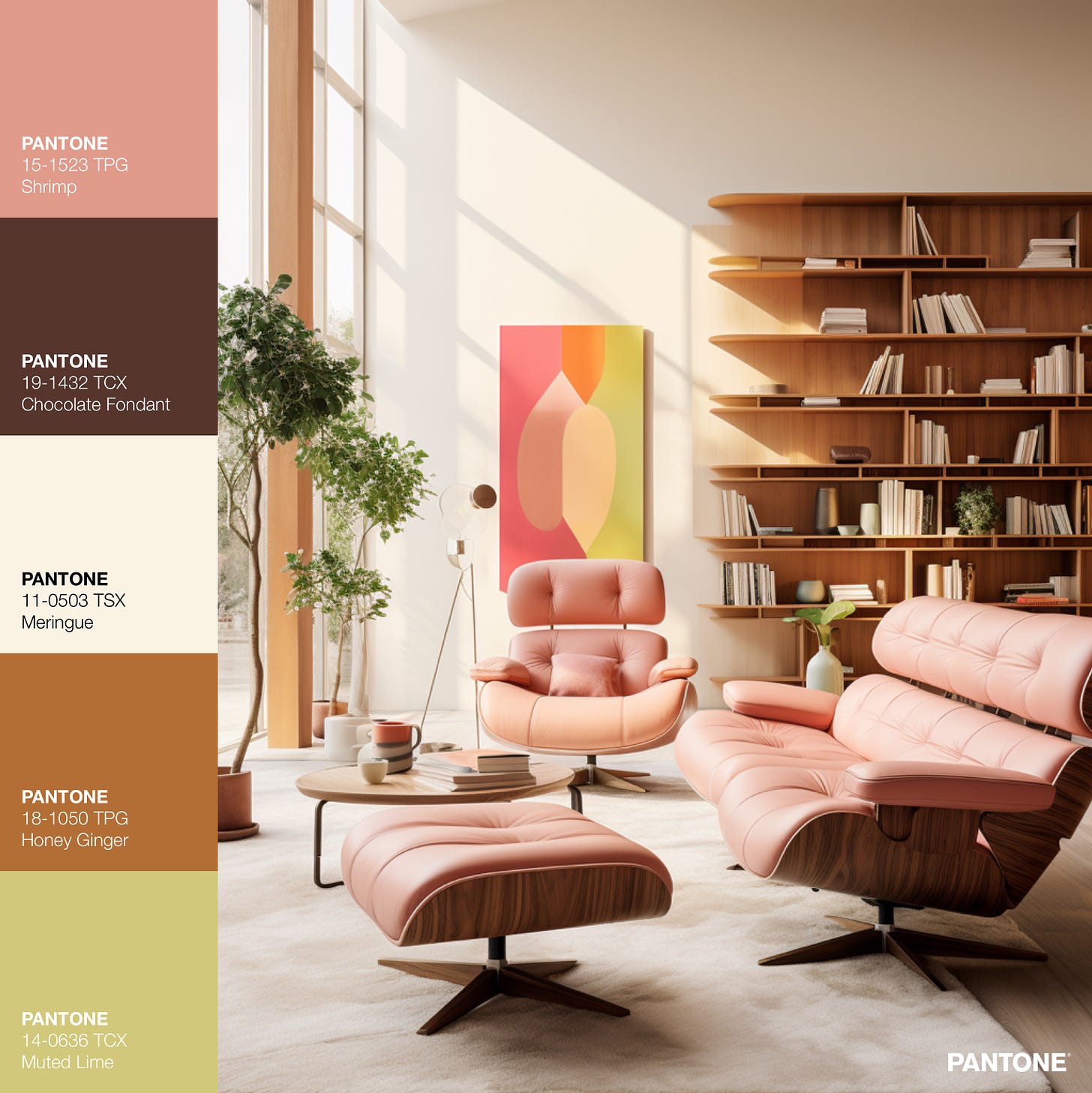 Pink Eames lounge chair and sofa in Mid century modern living room 