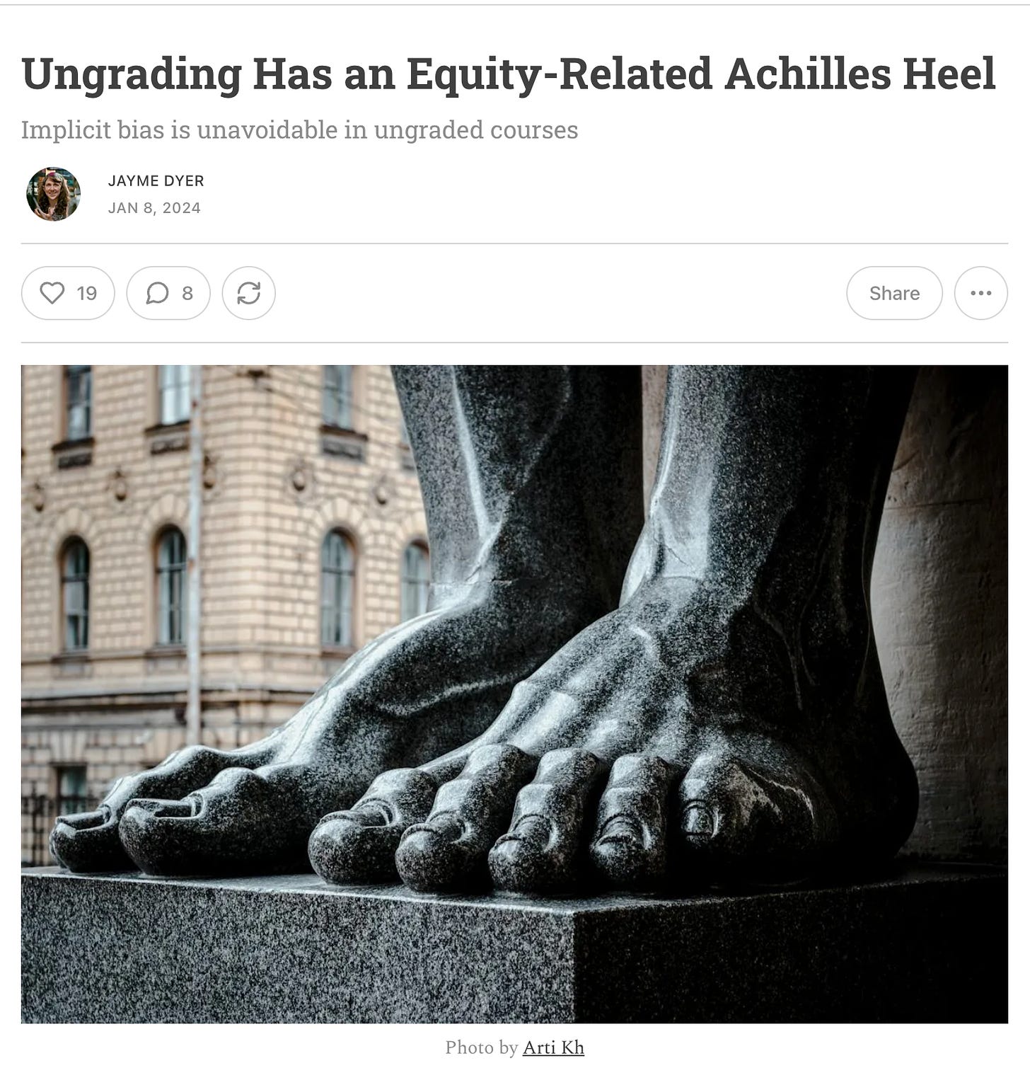 Screenshot of essay: Ungrading has an equity-related Achilles Heel, with picture of stone feet. By Jayme Dyer