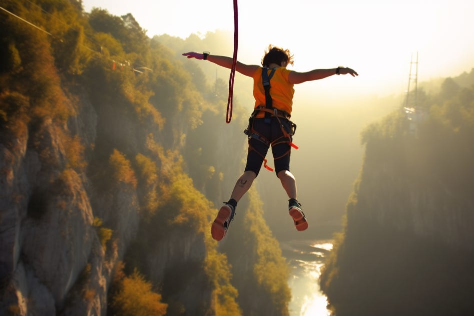Midjourney image of a woman bungee jumping, but the cord isn't attached