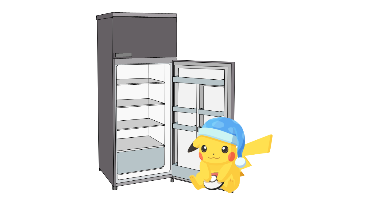 A Pikachu in a night cab in front of an open refrigerator.