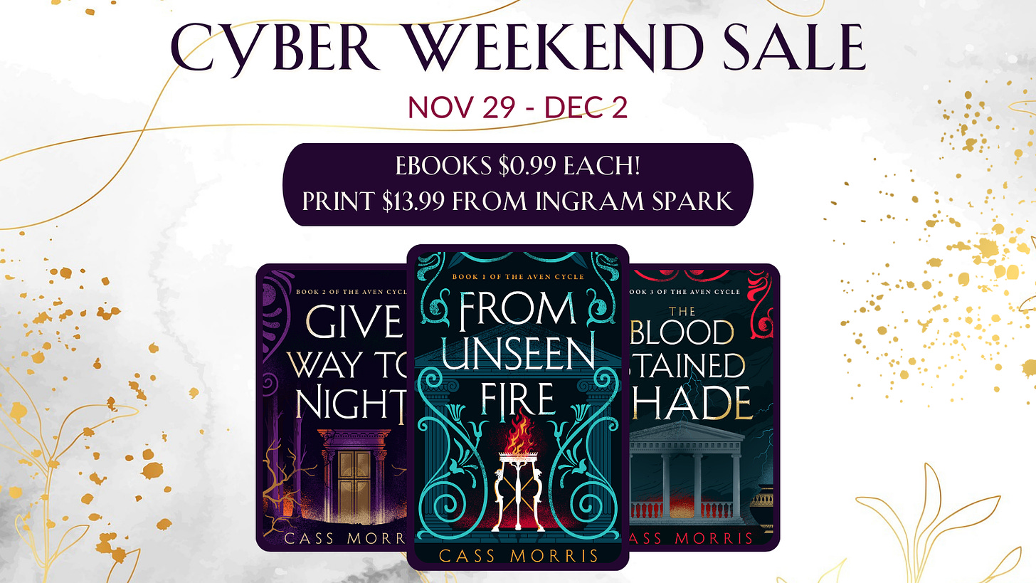 Three book covers against a white and grey marbled background spattered with gold. Text: Cyber Weekend Sale - Nov 29-Dec 2 - Ebook $0.99 each - Print $13.99 from Ingram Spark