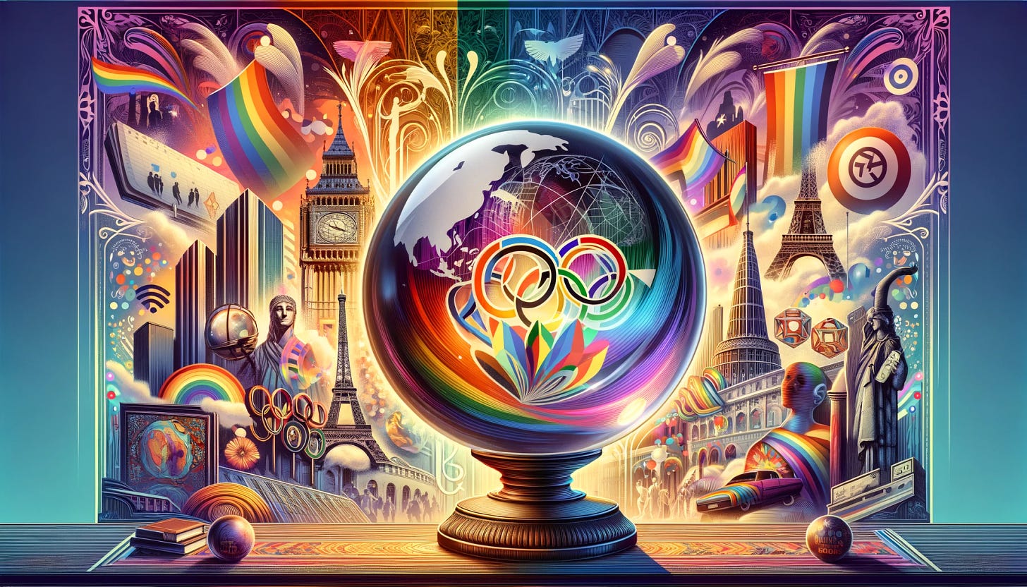 A vibrant and dynamic digital collage for a newsletter header, celebrating LGBTQ+ equality and diversity. The image features a festive and colorful background with motifs of rainbows and pride flags, symbolizing LGBTQ+ pride and inclusivity. In the foreground, a crystal ball rests on an ornate stand, with images reflecting key topics from the newsletter: the Eiffel Tower and Olympic rings representing the Paris 2024 Olympics, a map highlighting Latin America, iconic symbols for Asia and Africa, European landmarks for same-sex marriage advancements, and a silhouette of the United States Capitol for the 2024 elections. The crystal ball also shows a symbol of the United Nations. Around the collage, include subtle references to LGBTQ+ cinema, books, and key dates like International Lesbian Visibility Day and International Transgender Day of Visibility, blending seamlessly into the festive background.