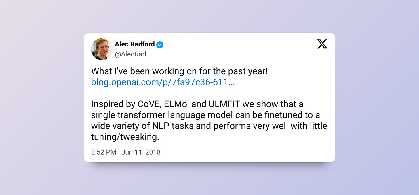 Screenshot of a tweet from Alec Radford about a new NLP technique using a transformer language model, GPT-1.