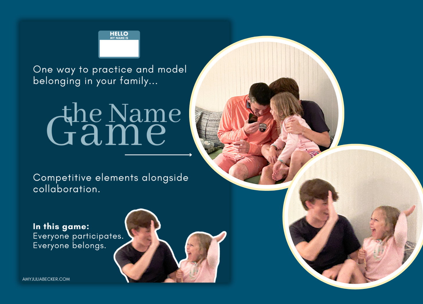 Blue graphic with an intro slide to the name game and circle photos, one of Peter, William, and a young cousin huddle together, and one of William and his young cousin giving each other a high-five, as they play the name game.