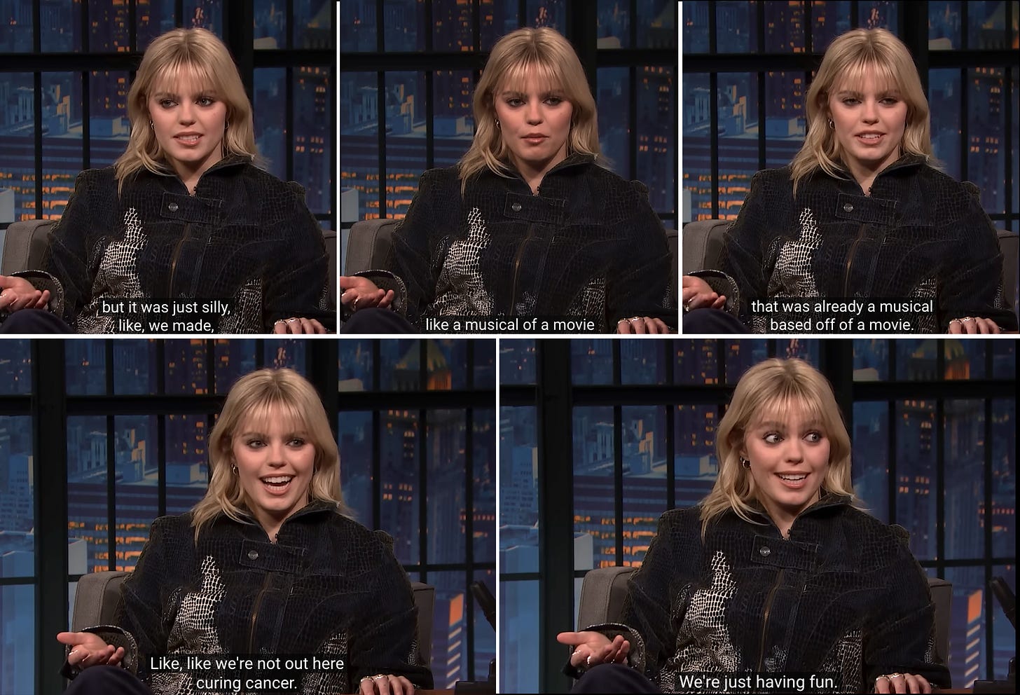 Collage of 5 photos of Renée Rapp on Late Night with Seth Meyers talking about the making of "Mean Girls."