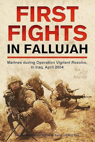 Book Cover Image - First Fights in Fallujah - Image of three Marines crouched down in a desert environment prepared to return fire