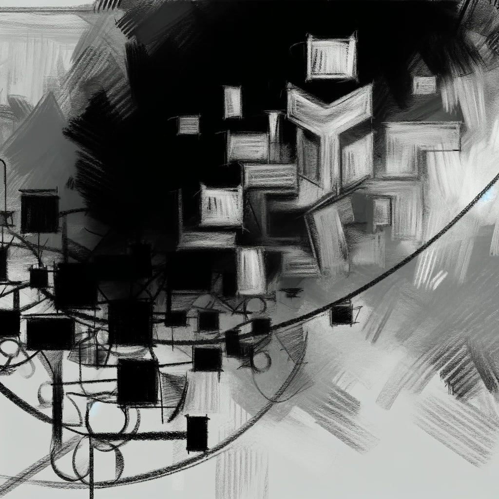 Create a very minimalistic and abstract charcoal sketch that captures the essence of a bankruptcy proceeding involving a cryptocurrency lender. The artwork should focus on abstract shapes and forms to represent the legal process, financial distress, and the cryptocurrency aspect without using any written characters, numbers, or specific brands or symbols. Use a raw and expressive style, with broad strokes and contrasting shades to convey the emotional and complex nature of the bankruptcy. The artwork should evoke the themes of negotiation, settlement, and the fluidity of digital assets in a highly abstract manner.