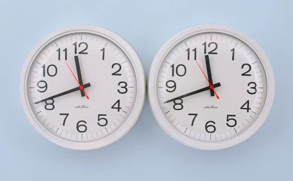 Felix Gonzalez-Torres - Untitled (Perfect Lovers), 1991, clocks, paint on wall, overall 35.6 x 71.2 x 7 cm