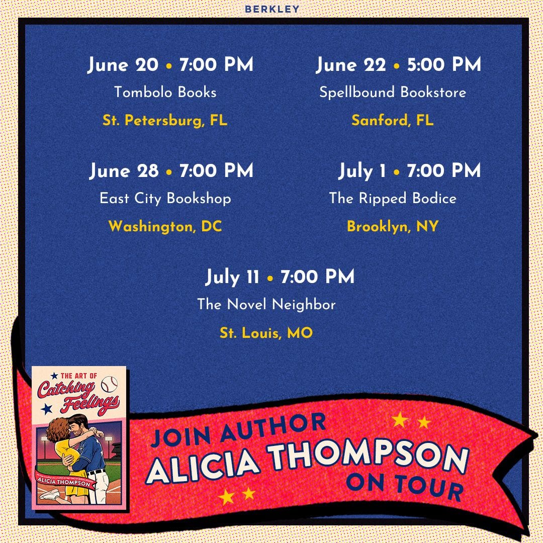 Graphic that shows all tour dates, times, bookstores, and cities listed below, with a blue background and then at the bottom a picture of the cover for The Art of Catching Feelings and a red banner that says "Join Author Alicia Thompson on Tour"