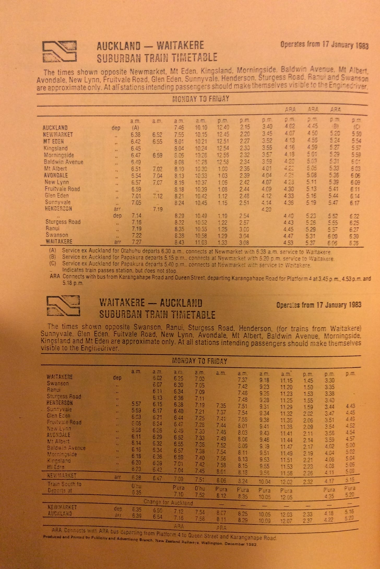 1983 Western Line timetable