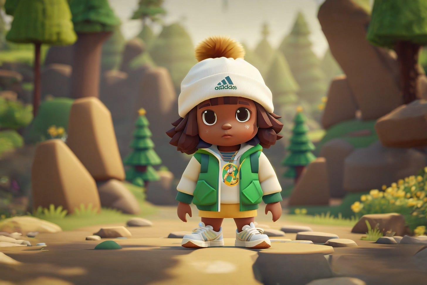 a cute brown girl character wearing white Adidas leisurewear, chunky sneakers, a green beanie, and a gold chain, standing in a blocky video game world of trees and rocks. brilliant vibrant colors.