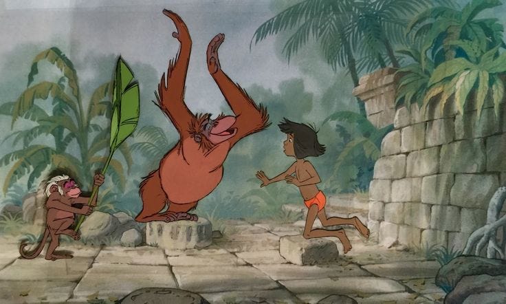 Original hand painted production cels of King Louie, Mowgli, and a Flunky  Monkey with palm frond from "The Jungle… | Jungle book, Jungle book  characters, Disney art