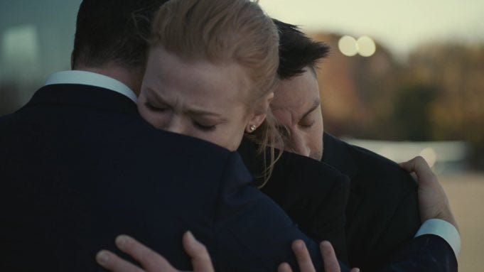 Kendall, Shiv and Roman hug each other in episode 3 of Succession.