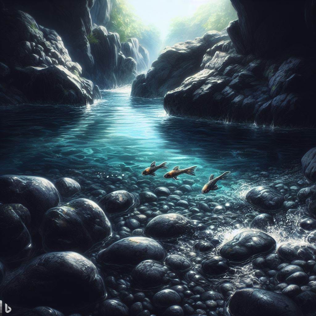 a freshwater cove, with black stones surrounding a shallow pool of clear water. Small fish. Fantasy art.