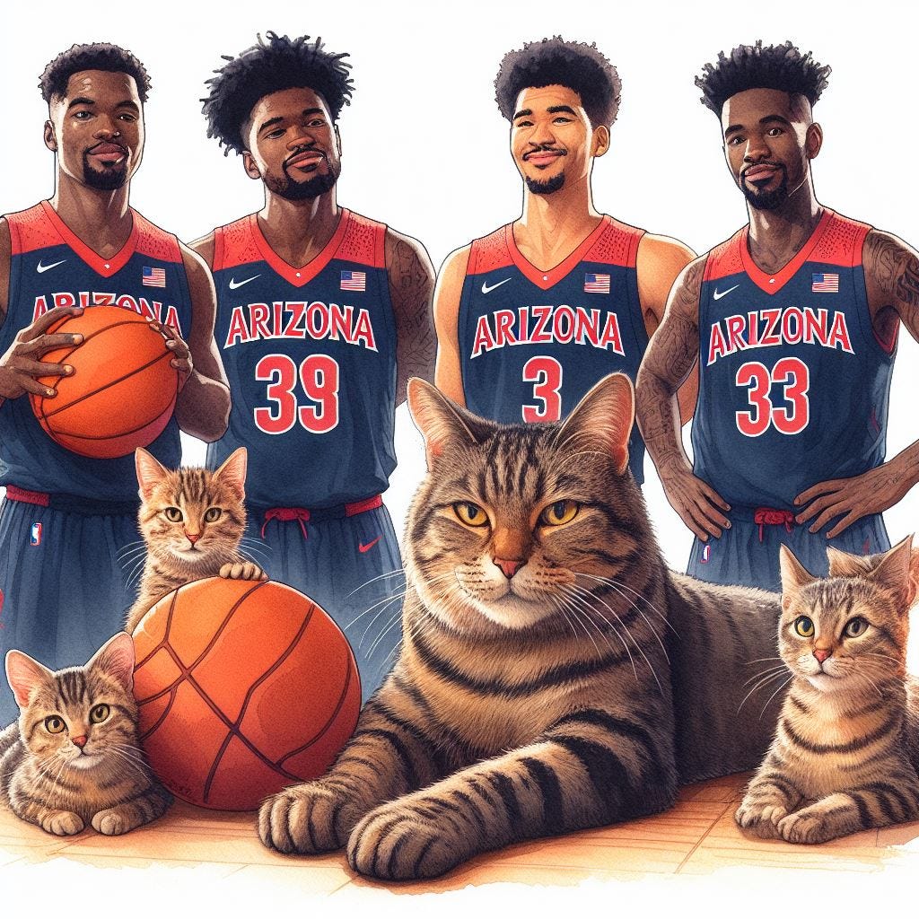 Arizona Wildcats basketball players hanging out with several tabby cats, watercolor