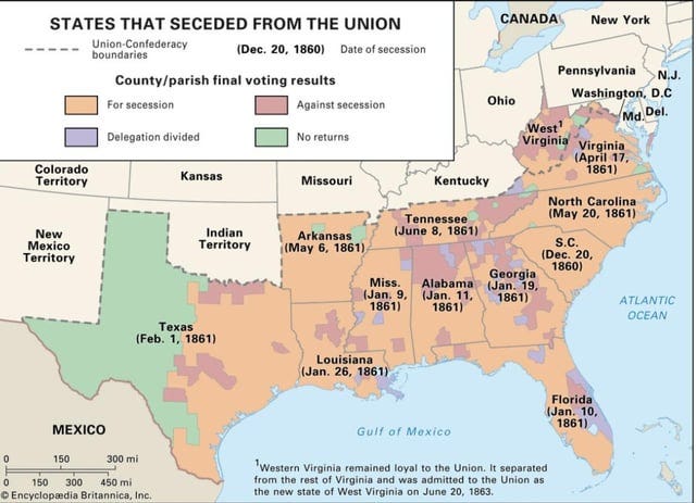 r/MapPorn - Secession vote of southern states by county.