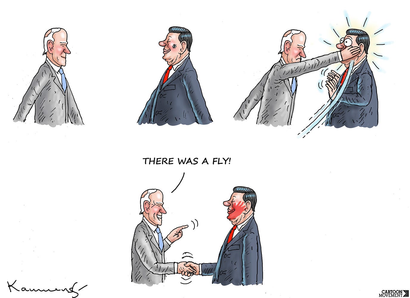 Cartoon showing Joe Biden meeting Xi Jinping in the first pane. Biden slaps Xi hard on the cheek in the second panel. In the third panel Biden explains: 'There was a fly!'