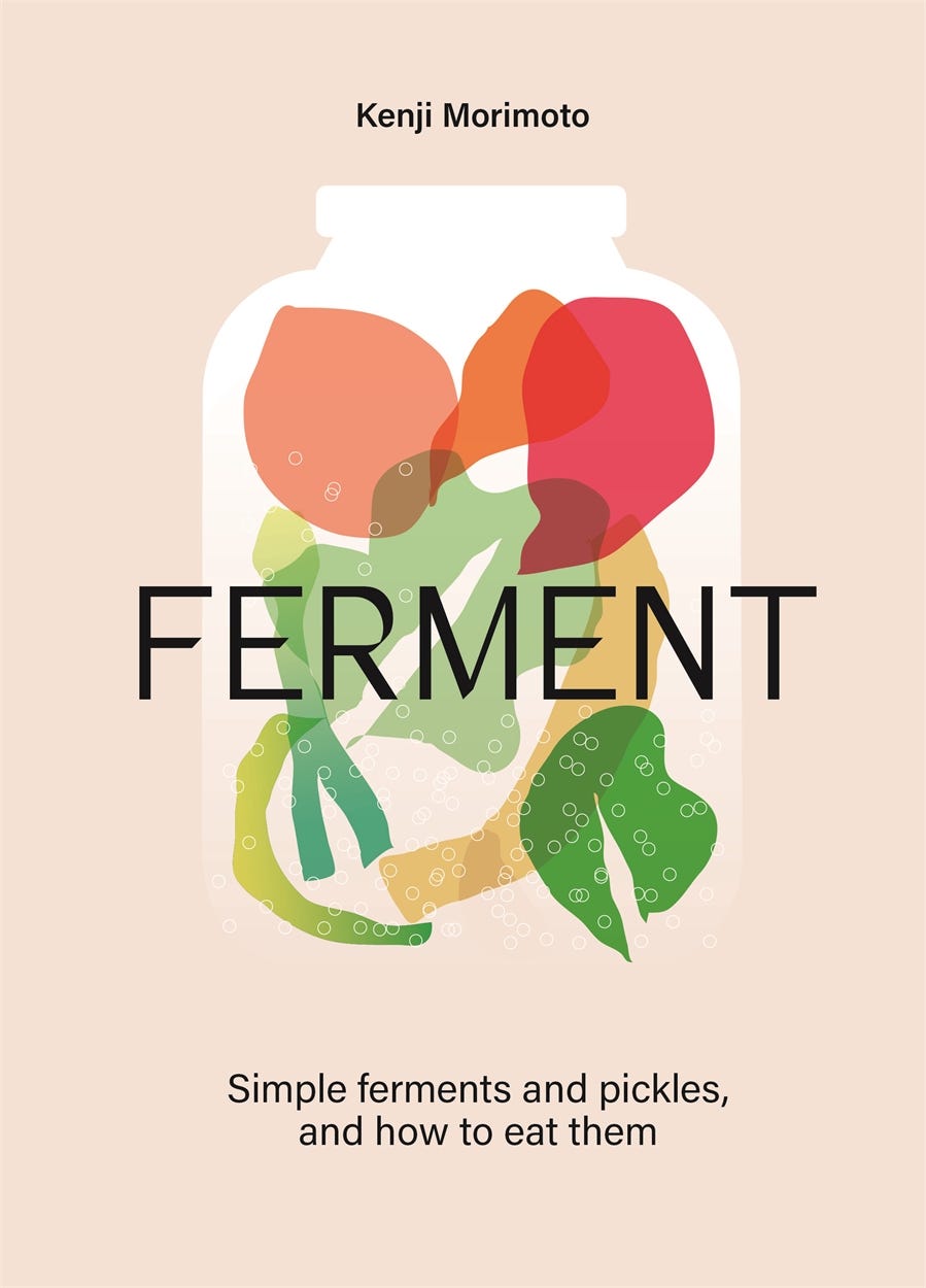 Image of book cover for new book Ferment. The word Ferment is accorss a stylized image of vegetables in a jar. 