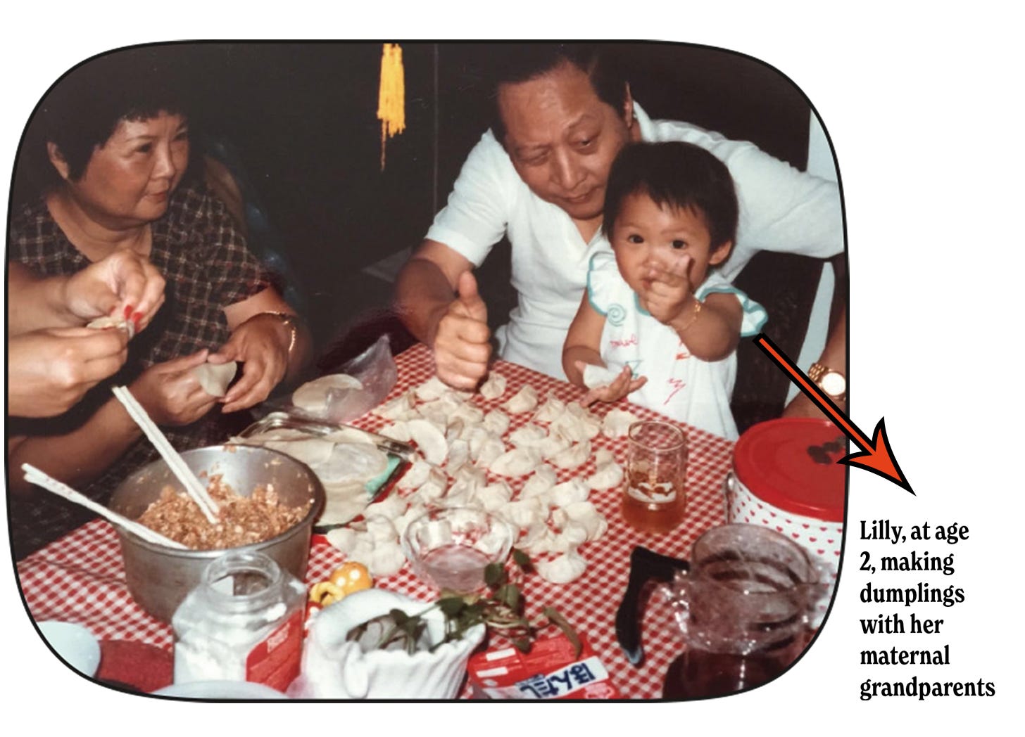 A photo of Lilly Jan, at age 2, making dumplings with her maternal grandparents