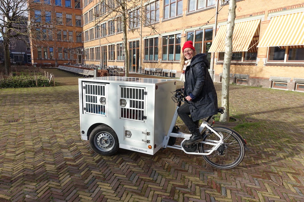 A tall, middle aged lady sits on the saddle of her cargobike. The front of the cargobike has a large box on. On each side of the box are 2 dog crates. The door to each crate has bars so the dogs can see outside