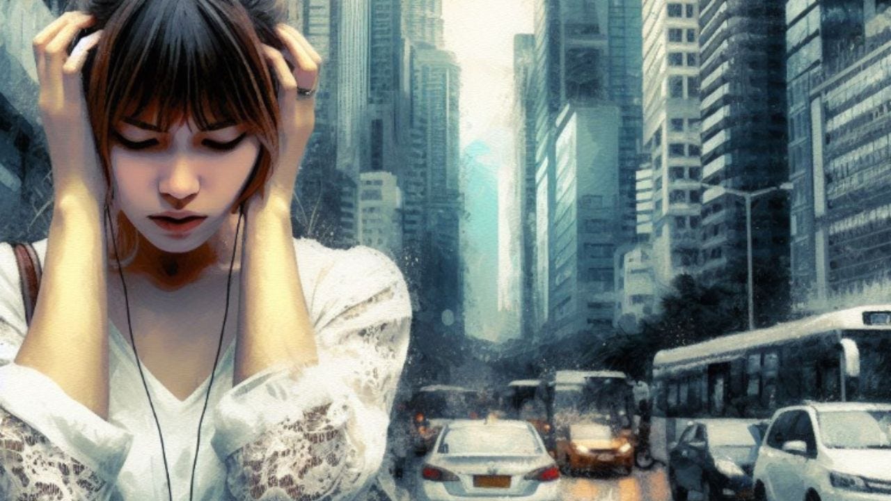 young woman in city feeling stressed from noise in style of painting - AI image via DALL-E/Bing