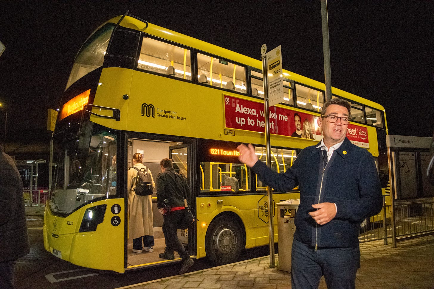 Photographs of Mayor of Greater Manchester Andy Burnham as Greater Manchester’s first franchised bus services in almost 40 years hit the road! #BeeNetwork