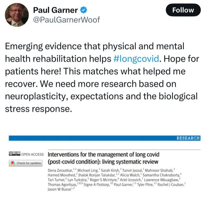 Tweet by Paul Garner discussing evidence that physical and mental rehabilitation aids long COVID recovery, emphasizing the need for further research on neuroplasticity and stress response. Includes a reference to a systematic review on interventions for managing long COVID.