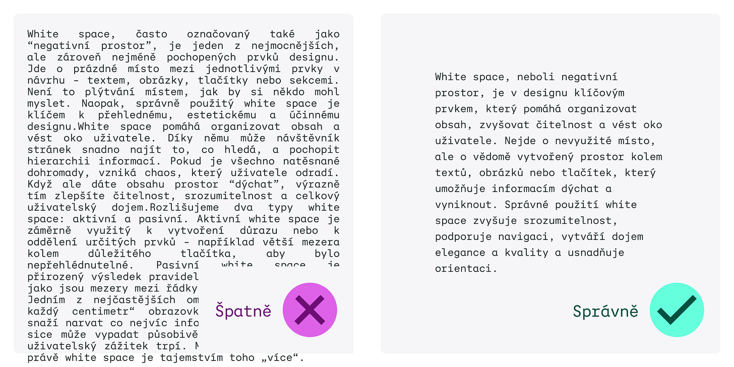 Ukázka dvou grafických úprav textu. Vlevo (špatně) text vyplňuje celou plochu. Vpravo (správně) zůstává kolem textu volný prostor.