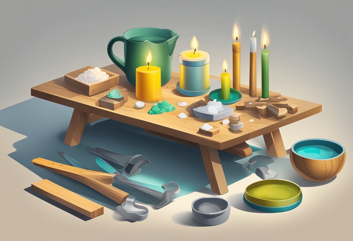 A table with various tools and materials for making candle moulds, including silicone moulds, wax, and a melting pot